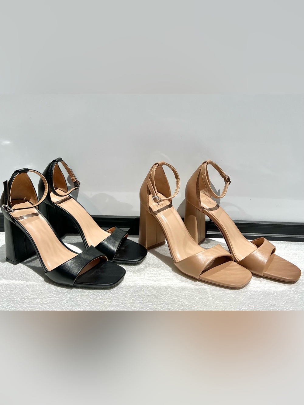A New Day Block Heel Sandals Size 7 1/2 Black Nude Tan Square Toe Ankle Strap